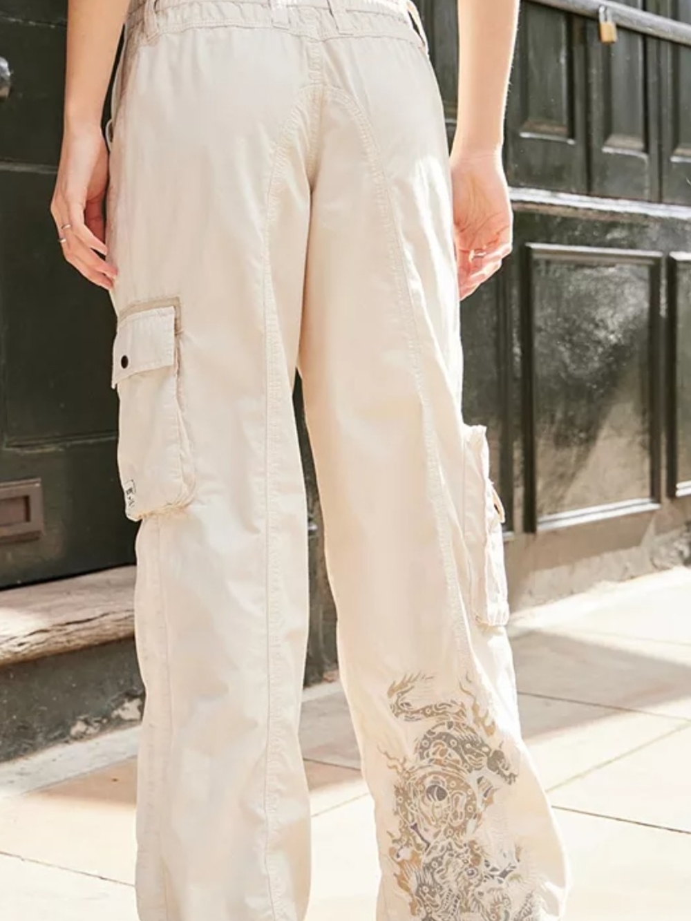 Da-Nang Light Beige Wide Leg Cargo Pants with Embroidered Leg